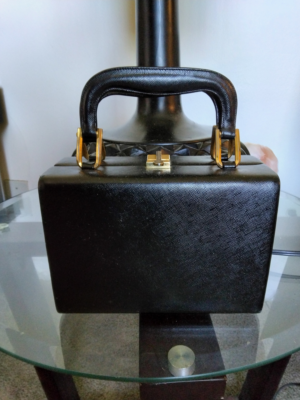 Vintage bienen-davis Black Structured Top-Handle Bag with Gold Hardware